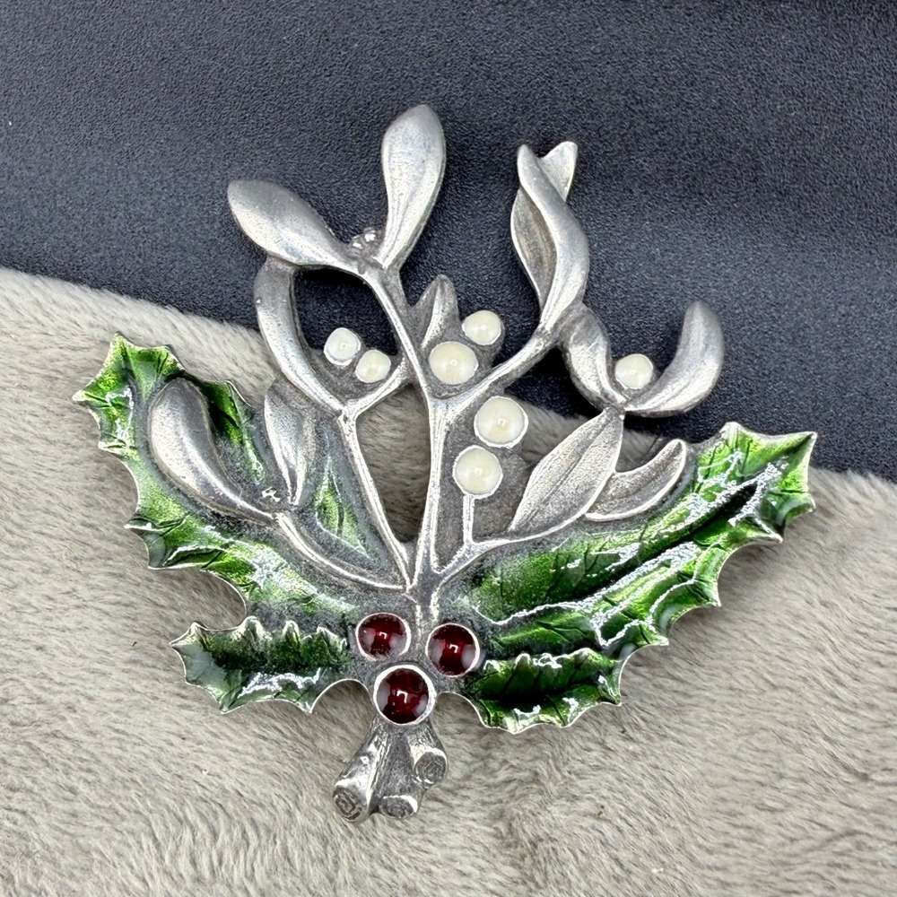 Vintage Danforth Brooch Silver Tone Pewter Holly Branches Mistletoe Signed